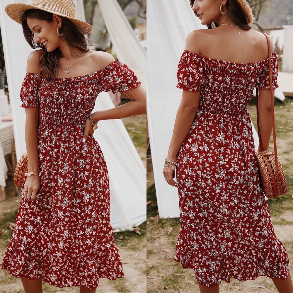 🆕Boho Floral Off The Shoulder Midi dress Red